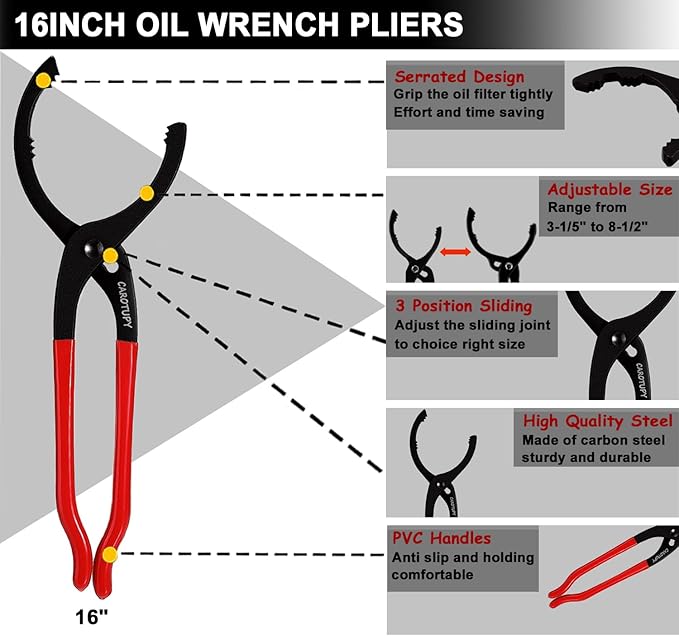 5Pcs Adjustable Oil Filter Pliers Set, Universal Oil Filter Removal Tool with Small Oil Funnel, 10" & 12" & 14" & 16" Oil Fliter Wrench From 1-1/4" to 8-1/2"