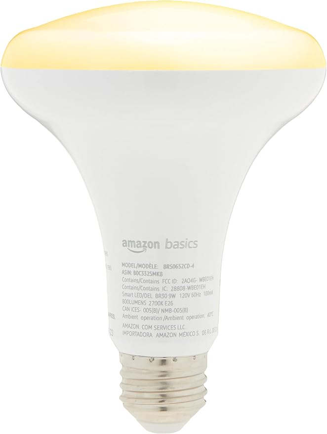 Amazon Basics Smart BR30 LED Light Bulb, Dimmable Soft White (2700K), 9W (60W Equivalent), 800LM, Works with Alexa Only, 2.4 GHz Wi-Fi, No Hub Required, 1 Pack