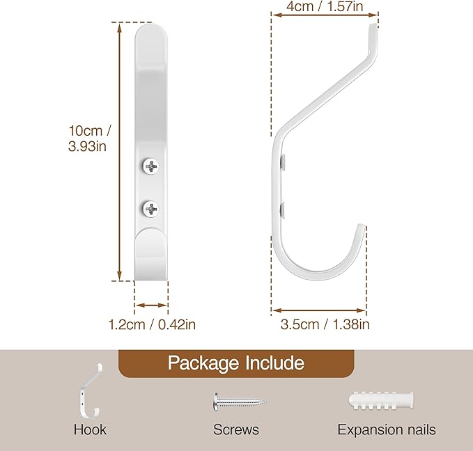 10-Pack Coat Hook for Hanging, 20LB (Max), Stainless Wall Hooks for Towel, Hat, Backpack, Key, Clothes, Wall Mounted Coat Hanger for Closet, Metal, White 3.75“