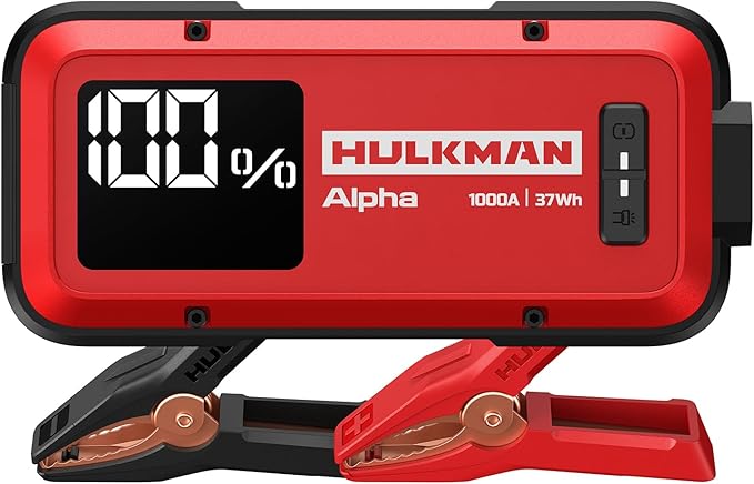 Hulkman Alpha, Ultra Red, 1000A 37Wh Battery Jumper Starter Portable, 12V Modern Car Jump Box with Jumper Cables, for 6.5L Gas/3.0L Diesel Engines, 65W Fast Charging, IP65 Rated, Large LED Display