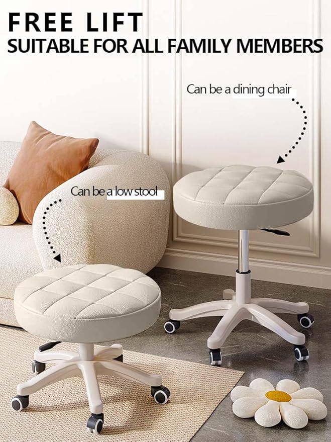 Small Chair Round Rolling Stool with Wheels PU Leather Height Adjustable Swivel Drafting Work SPA Salon Stools Home Office Chair,2 Pack