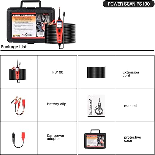 Autel PowerScan PS100 Power Circuit Probe Kit - 12V 24V Car Circuit System Diagnostic Tool, Automotive Circuit Tester with 20ft Extension Cable, Easy to Read AC/DC Current Resistance