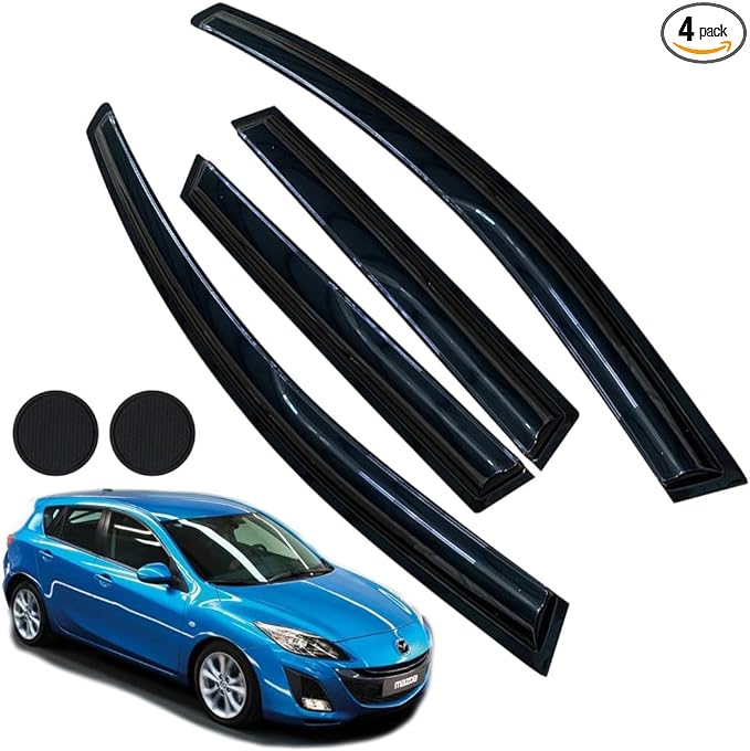 Rain Guards for Mazda 3 Hatchback 2010-2013, Tape-on Side Window Deflectors for Mazda 3 Hatchback, Window Visors for Mazda Cars, for Mazda Car Accessories 4 Rain Guards ＆ 2 Car Coasters