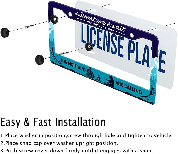Adventure Await License Plate Frame, Mountains Forest Bear Outdoor License Plate Holder Cover, Metal Aluminum Rustproof Car Accessories for Men Women, Great Gift for Hiking Camping Enthusiasts
