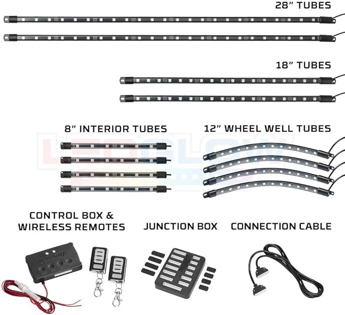 LEDGlow 12pc Million Color LED 4-Seater Golf Cart Underglow Neon Lighting Kit with Wheel Well & Interior Lights Fits EZGO, Yamaha, Club Car, ICON, Evolution, Tomblerin, Star EV - for 12-Volt Battery