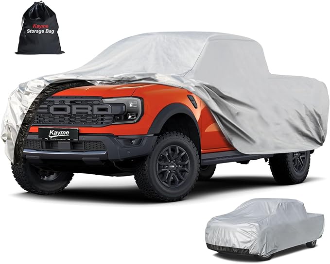 Kayme Mid-Size Truck Cover Waterproof All Weather, Heavy Duty Outdoor Midsize Pickup Cover Sun Rain Protection, Universal Fit Ford Ranger Chevy Colorado GMC Canyon (Length Up to 220 inch) M+.Sliver