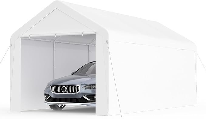 Carport 10x20 Heavy Duty Portable Garage w/Removable Sidewalls & Roll-Up Door Car Canopy Party Tents Waterproof UV Resistant All Weather Car Port for Trucks,Boats (White)