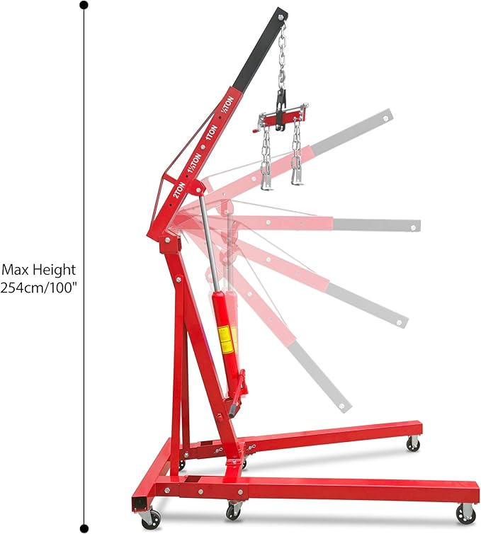 2 Ton Folding Hydraulic Engine Hoist with Leveler, 4000 LBS Heavy Duty Steel Shop Crane Lift with Adjustable Boom and 6 Caster Wheels, Portable Cherry Picker Motor Hoist for Garage, Workshop