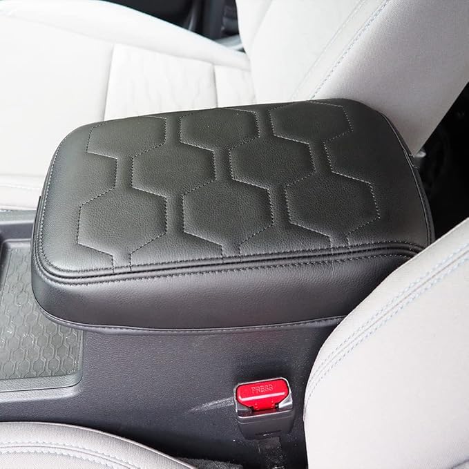 Muslogy for Frontier Center Console Pad Armrest Box Cover Vegan Leather Soft Accessories Armrest Lid Protector Compatible with Nissan Frontier 2022-2024 2025 (Regular Thick, V1 Black Stitching)