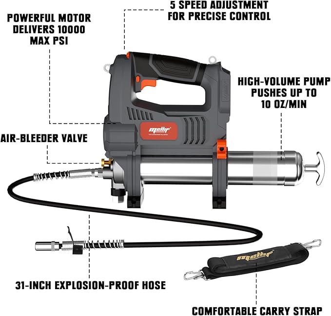 Mellif Cordless Power Grease Gun Compatible with DeWalt 20V MAX Battery, 10,000 PSI, Brushless Motor, 14 oz Capacity, 30" Hose, Built-in LED, Safety Lock, Includes 2.0Ah Battery & Fast Charger