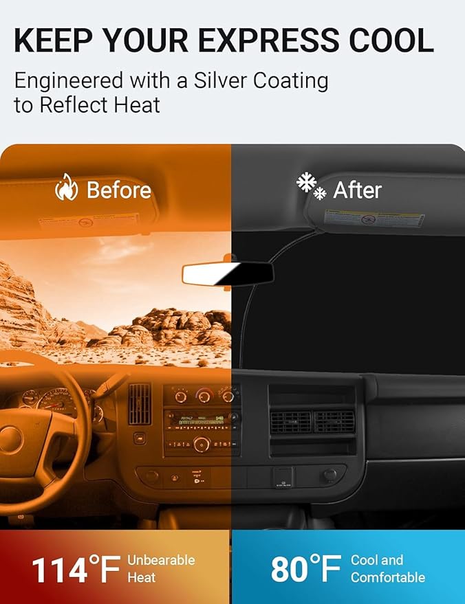 Proadsy for Chevrolet Express Cargo Van 1996-2024 2025 Windshield Sun Shade 4-Layer Foldable Front Sunshade Protector Sun Visor Blocks UV Rays Keep Car Cooler