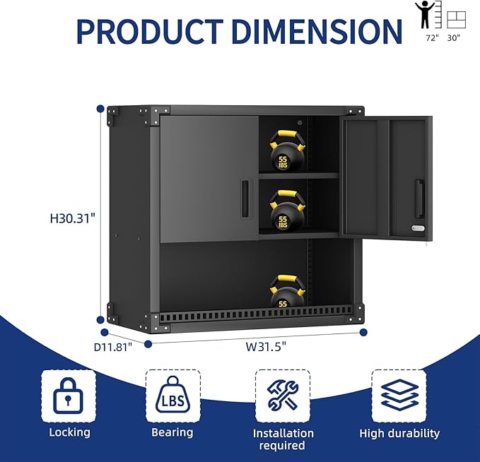 Garage Wall Cabinet,Metal Wall Cabinet with Doors and Adjustable Shelves,Steel Utility Wall Mounted Tool Cabinets for Home,Office,Kitchen,Warehouse