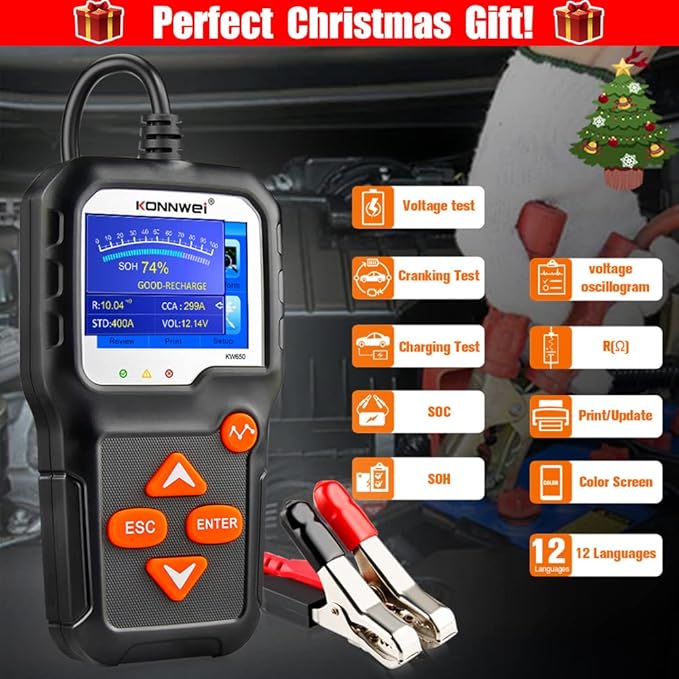 KONNWEI KW650 6V 12V Car Battery Tester, 100-2000 CCA Battery Load Tester Automotive Battery and Alternator Tester for Vehicles/Marine/Motorcycle/Lawn Mover