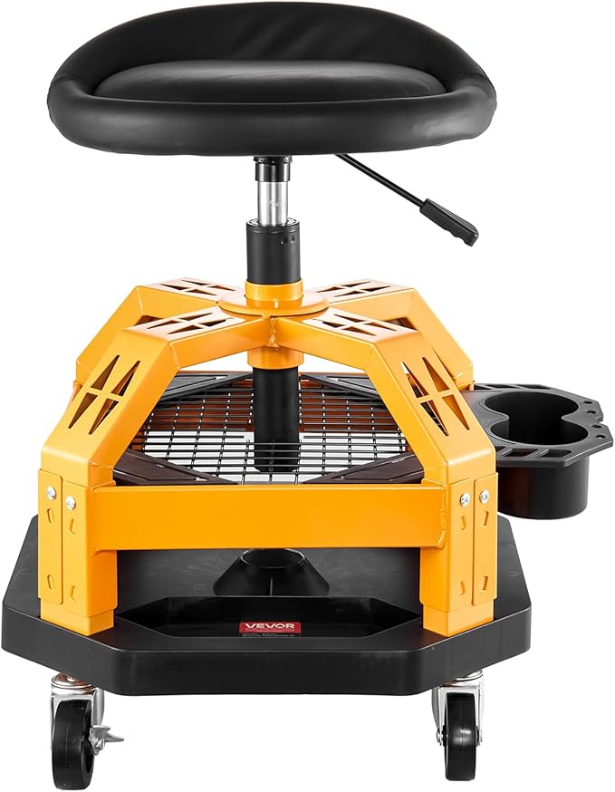 VEVOR Garage Stool, Rolling Mechanic Stool with Dual Storage Trays, Pneumatic Height 23.6–29.5 in, Soft Waterproof Cushion, 360° Swivel Casters for Garage, Shop & Auto Repair