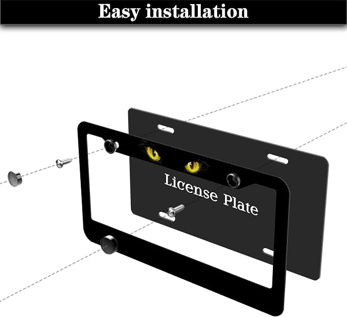 Car Plate Frame Black License Plate Frames Black Cat with Yellow Eyes Lover Universal Aluminum Car Accessory 2 Pack with Screw Covers Set