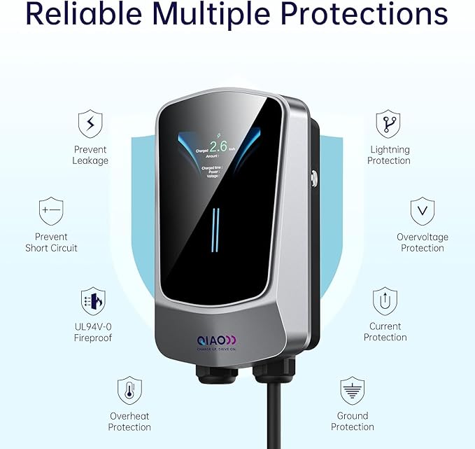QIAO Level 2 EV Charger, Up to 40A Electric Car Charger, Wi-Fi Bluetooth APP Enabled EVSE, 4.3in Display, 25ft Cable, NEMA 6-50 Plug Charge Station Compatible with All SAE J1772 EV Models White