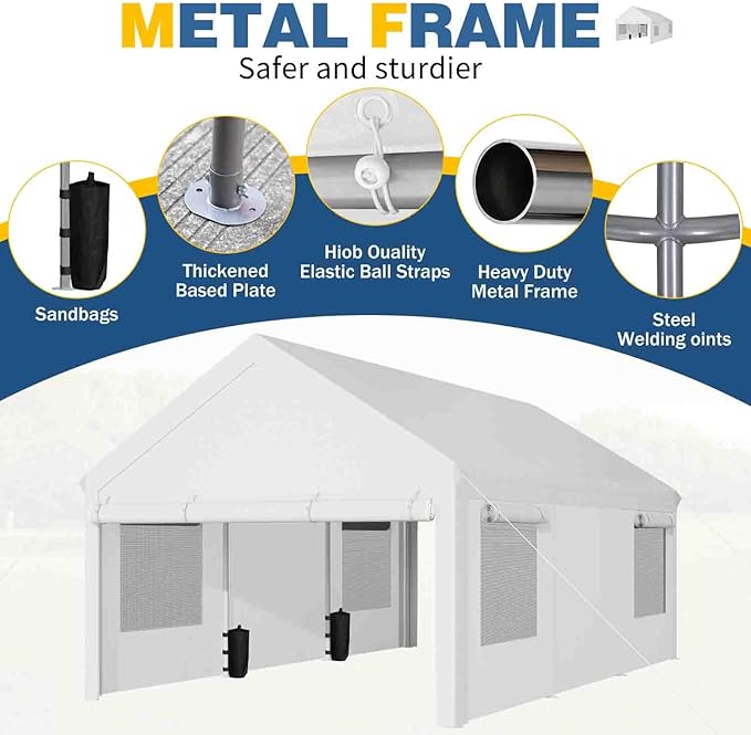 JAMFLY 12x20 ft Heavy Duty Carport with Roll-up Windows & Removable Sidewalls & Doors – Portable Garage Canopy with All-Season Tarp, Sandbags for Car, Truck, Boat, Motorcycle, White