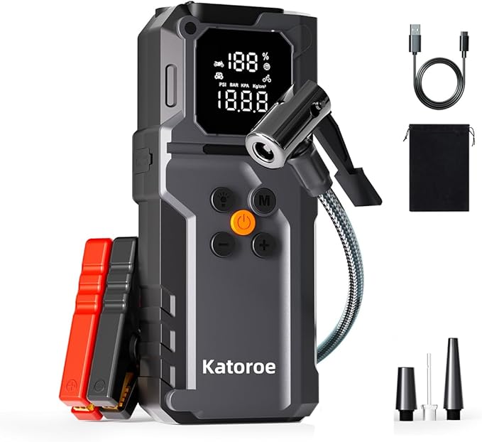 Jump Starter with Air Compressor, 5000A Jump Starter Battery Pack with 150PSI Tire Inflator, Portable Air Compressor, 12V Jump Starter for 9.0L Gas 7.0L Diesel Engines, Jumper Cables, Flashlight