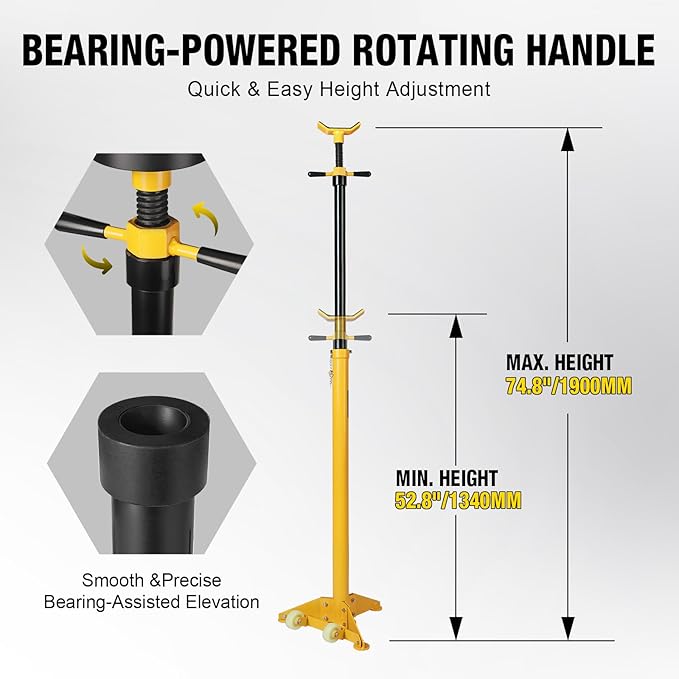 YELLOW JACKET 3/4 Ton Underhoist Support Stand with Two Wheels, Lifting from 43.3" to 70.9", Bearing Mounted Spin Handle, Contoured Saddle, Supports Vehicle Components, Self-Locking Screw