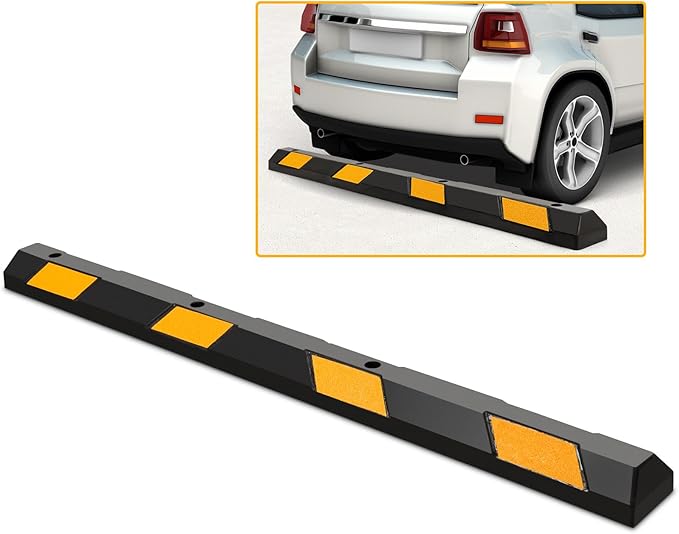 Rubber Parking Curb Garage Floor Stopper, 72" Heavy Duty Parking Lot Stopper with Yellow Reflective Stripes, Guide Wheel Stopper for Car, Truck, RV, Trailer, Driveway (1 Pack