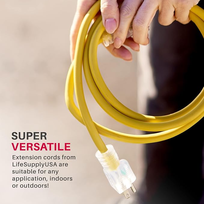 6ft Outdoor/Indoor Extension Cord 12/3 Gauge Extra Heavy Duty 3 Prong SJTW, Waterproof, Flexible Cold-Resistant Long Power Cord,15A 125V 1875W, Yellow by LifeSupplyUSA