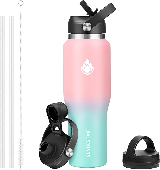 SENDESTAR 40oz Stainless Steel Water Bottle(Cold for 48 Hrs, Hot for 24 Hrs),Double Wall Vacuum Insulated Bottle with Straw Lid, Spout Lid and Flex Cap, Fit in Any Car Cup Holder