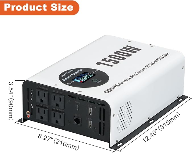 1500W Pure Sine Wave Power Inverter with Peak 3000W,12V to 120V AC Converter, Wireless Remote, 4 AC Outlets, 2 USB Ports and Type-C for RV, Solar Off-Grid