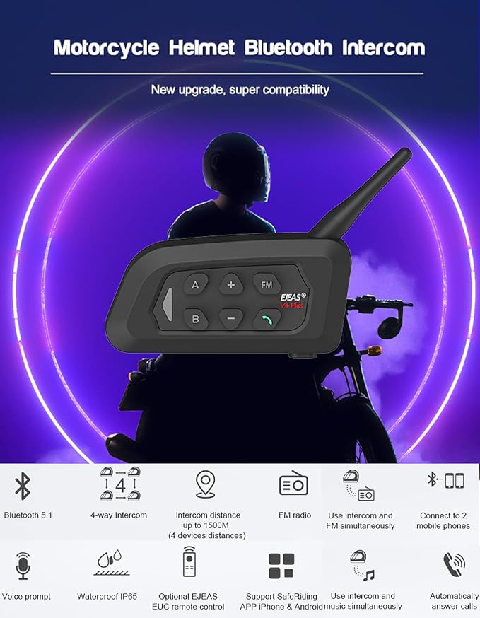 V4 Plus Motorcycle Bluetooth Helmet Intercom Headset, 4 Rides Group Communication System for Motorcycling Soccer Referees Skiing ATV/Off Road (4 Pack)