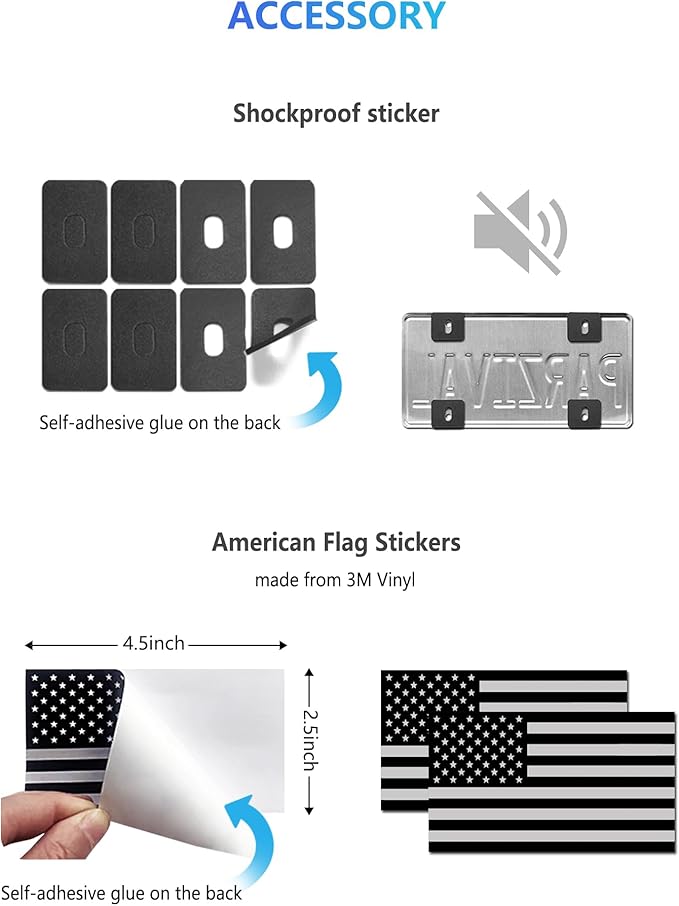 American Flag License Plate Frames - 2 Pack Black Stainless Steel Front Rear Car Tag Frames Printed with Patriotic USA Flag Pattern, with Decals Screws Caps