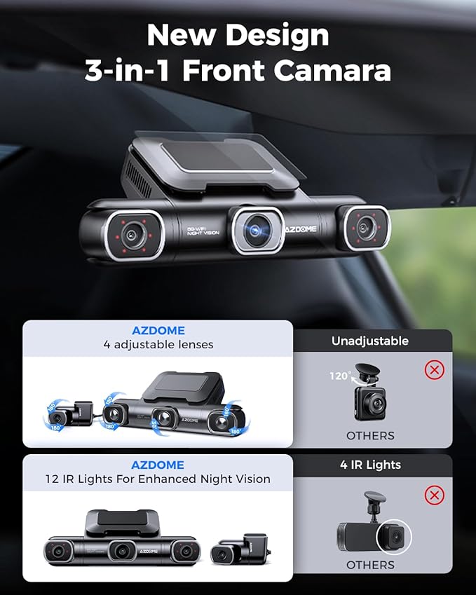 AZDOME 360° 4 Channel Dash Cam, Built-in 128GB eMMC, 2K+1080P*3 Dashcam Front and Rear Inside Left Right, Voice Control, 5G WiFi Dash Camera for Cars with 4 Adjustable Lenses, IR Night Vision, M660