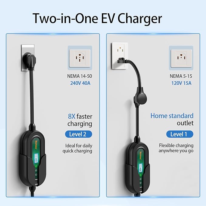 Romaa Level 2 EV Charger Portable Level 2 with 40A, 240V, NEMA 14-50, 25ft Cable, J1772 Charger, Adjustable Current, Delay Timer, EV Chargers for Home Level 2, App Control, FCC & ETL Certified