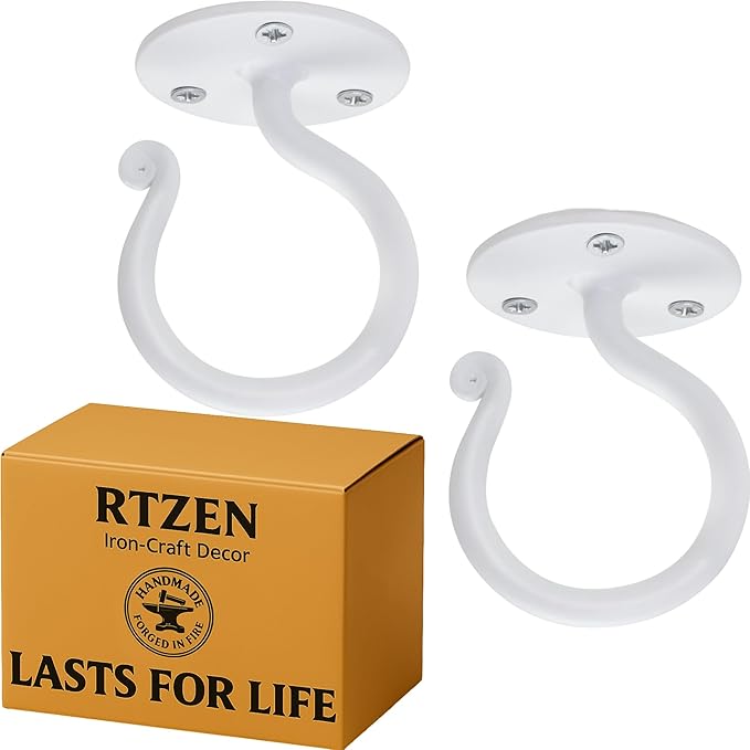 RTZEN Plant Hangers Outdoor or Indoor - Wrought Iron Metal Hanger Indoor Hook - Heavy Duty Wall Bracket Hooks for Hanging Plants Baskets Lanterns Wind Chimes - 2 Pack (Large White Ceiling Hooks)