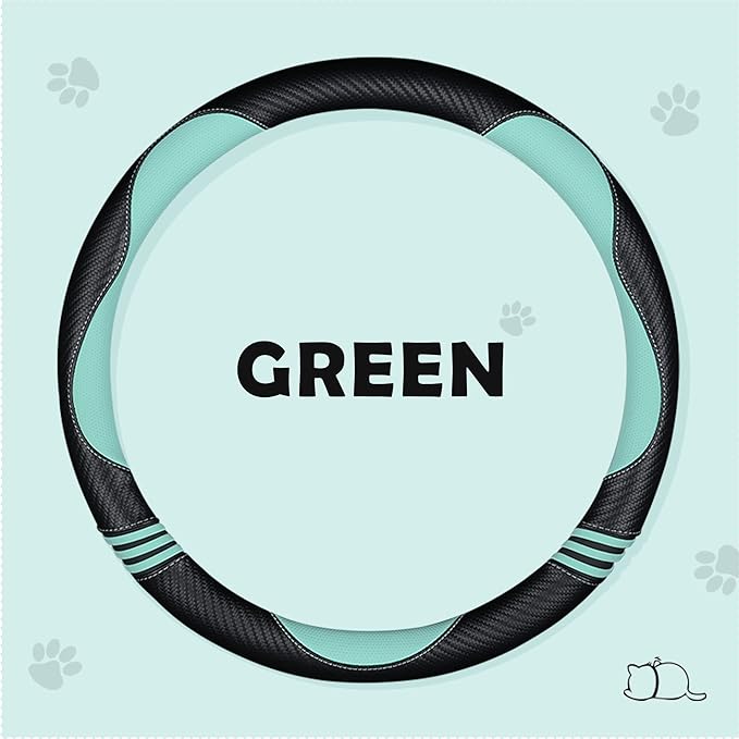 Car Steering Wheel Covers for Women Girl Padded Carbon Fiber PU Leather Cute Cartoon Auto Interior Accessories for Jeep, Truck, Universal, Anti Slip, Green, Large Size 15.5-16"(39-41cm)