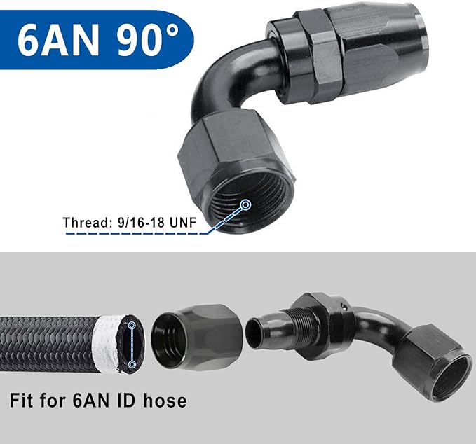 LokoCar 6AN Hose End Fitting 90 Degree Swivel For CPE Braided Hose Black 2Pcs