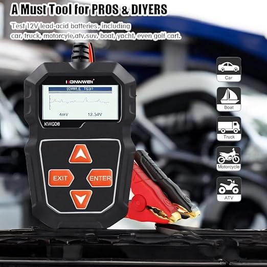 KONNWEI KW208 Car Battery Tester 12V. 100-2000 CCA Load Tester. Automotive Alternator Tester. Voltage Test, Cranking Test, Charging Test. For cars, trucks, boats, motorcycles, SUVs gasoline or diesel.