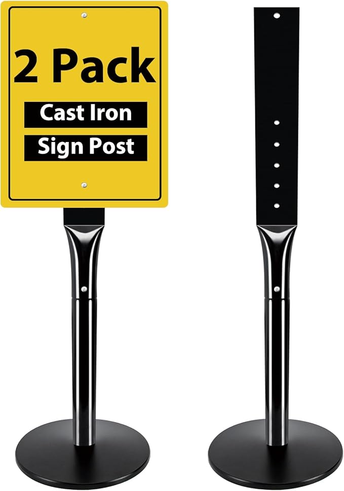 Parking Sign Stand with Base - 15 Lbs Cast Iron Parking Sign Post for Hanging Traffic Construction Street Warning Notice, Movable Black Heavy Duty Base Stand for Outdoor Use, 2 Pack