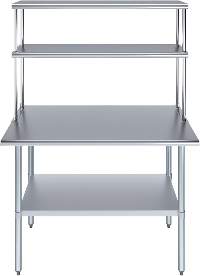 Amgood Stainless Steel Work Table Wide Double Tier Overshelf | NSF | Metal Kitchen Prep Table & Shelving Combo (24" x 48" Work Table + 12" Overshelf)