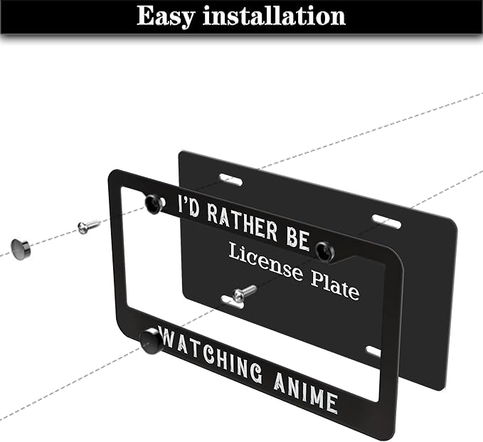 License Plate Cover Black and White License Plate Frames I’D Rather Be Watching Anime Aluminum Metal Car Accessory 2 Pack with Screw Covers Set