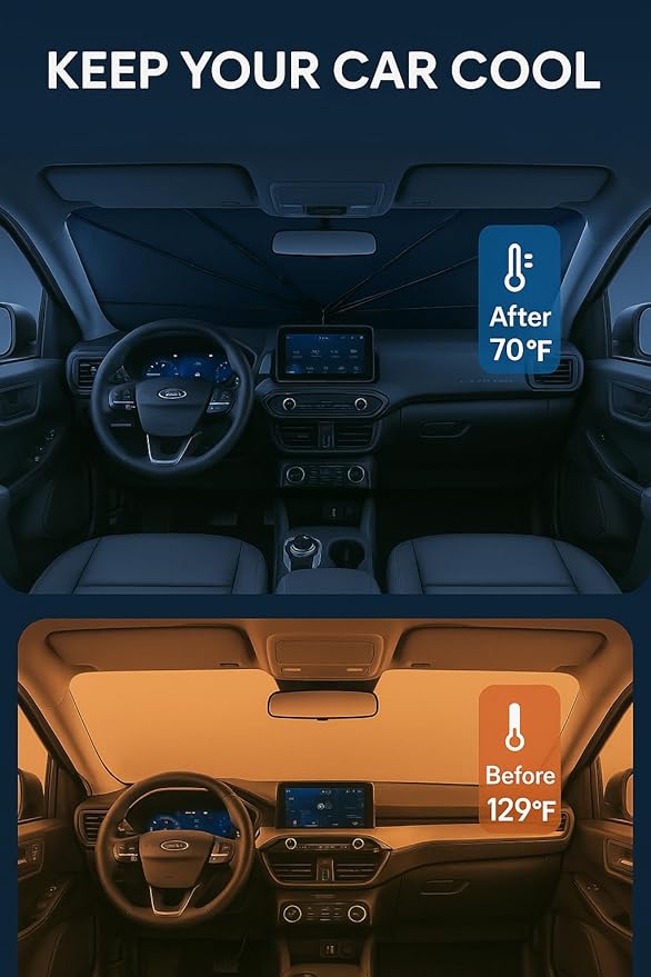 Proadsy Windshield Sun Shade Umbrella for Ford Bronco Sport 2021-2025 2026 Foldable Car Umbrella Sunshade with Soft TPU Handle Spring Structure Crystal Cooling Material Protect Car from Rays & Heat