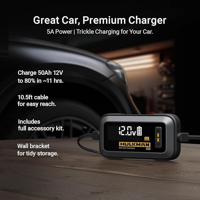 Hulkman Sigma 5, 5A Car Battery Trickle Charger, 12V and 6V Smart Charger, LiFePO4 and Lead-Acid Battery Automotive Maintainer with 3.2-in LED Display for Automobile, Motorcycle, ATV