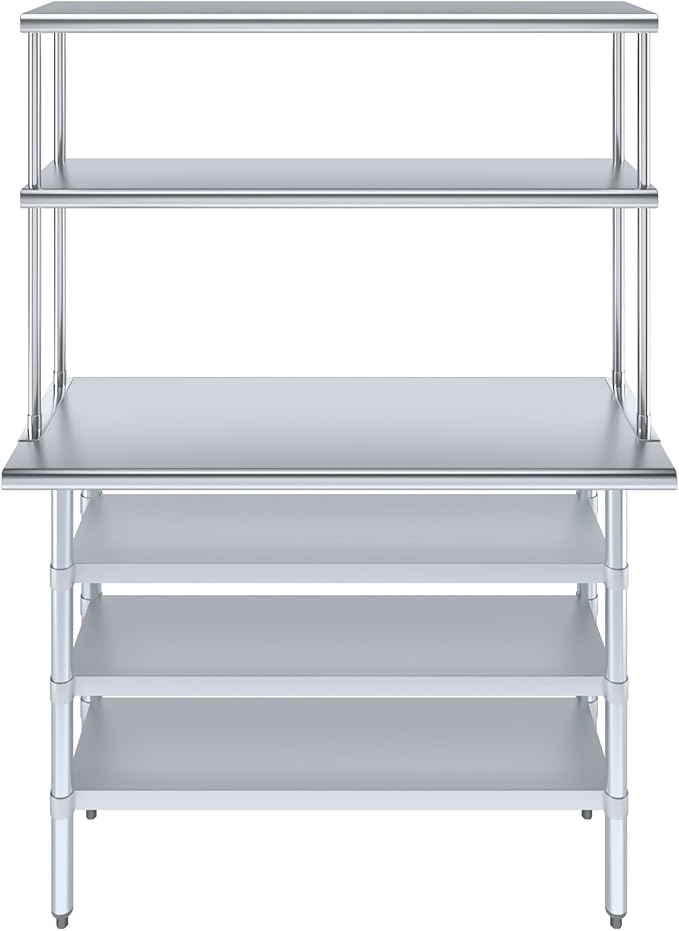Amgood 18" x 48" Stainless Steel Work Table with 3 Shelves and 12" Wide Double Tier Overshelf | Metal Kitchen Prep Table & Shelving Combo | NSF