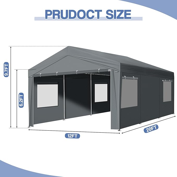 VINGLI 12x20 Carport Canopy Portable Garage with Roll-up Windows & Removable Sidewalls, Car Canopy Heavy Duty Car Tent for SUV, Boats, RVs, Trucks (with Sidewalls)