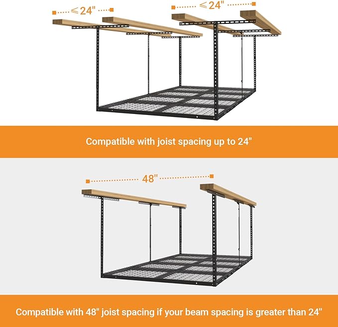 4ftx8ft Overhead Garage Storage Rack, Heavy-Duty Metal Garage Ceiling Storage Rack, 22''-40" Adjustable Ceiling Drop-Down, 600 lb. Loading Weight Capacity, Black