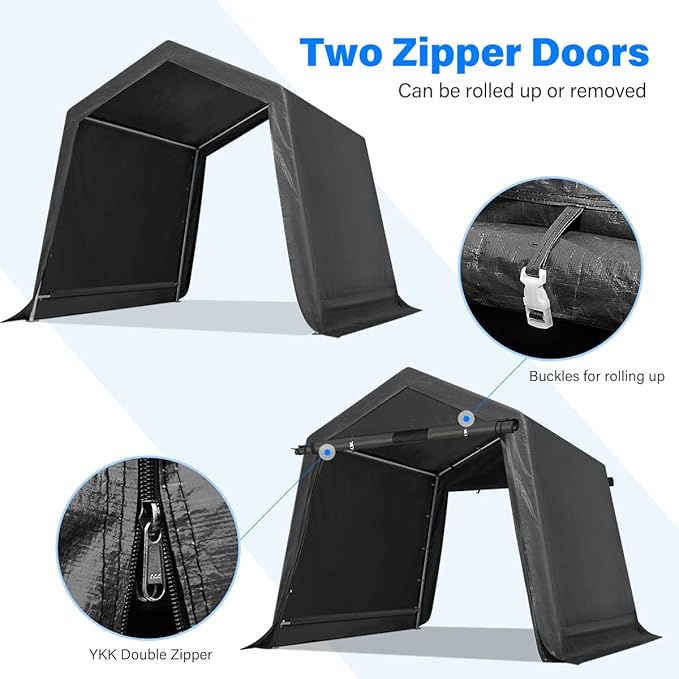 ADVANCE OUTDOOR 6x6 ft Storage Shelter Outdoor Portable Shed with 2 Roll up Zipper Doors & Vents Carport for Motorcycle Waterproof and UV Resistant Portable Garage Kit Tent, Gray