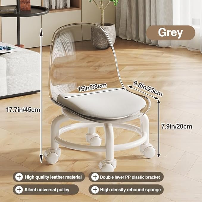 Low Rolling Stool with Wheels,Mini Rolling Garage Stool with Back Support,360° Rotating Floor-Friendly Wheels for Home, Office,Garage & Salon (Transparent Gray)