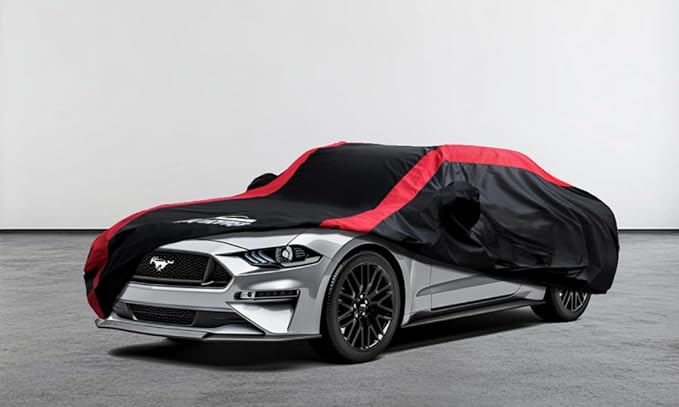 Mustang Car Cover Waterproof All Weather with Red Strip Design, Custom Fit for Ford Mustang 1994–2025, Mustang Accessory with Door Zipper & Windproof Straps