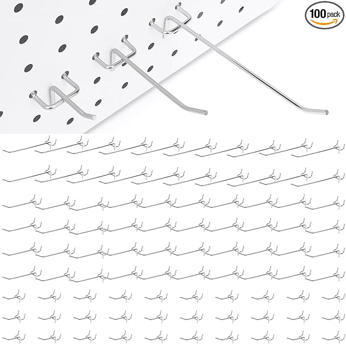 100 Pack Pegboard Hooks Heavy Duty 2 4 6 Inch Pegboard Hooks 1/8 Stainless Steel Peg Board Shelving Hanging Tool Pegs Organizer Accessories Kit for Garage Kitchen Store Craft Organizing Wall Storage