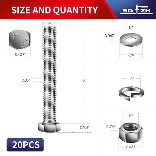 1/4-20 x 6" Hex Head Screw Bolt, Nuts, Flat & Lock Washers, 20Pcs 18-8 (304) Stainless Steel, Fully Threaded, by SG TZH