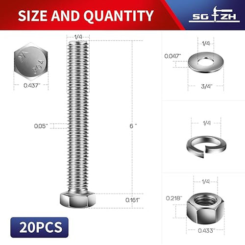 1/4-20 x 6" Hex Head Screw Bolt, Nuts, Flat & Lock Washers, 20Pcs 18-8 (304) Stainless Steel, Fully Threaded, by SG TZH