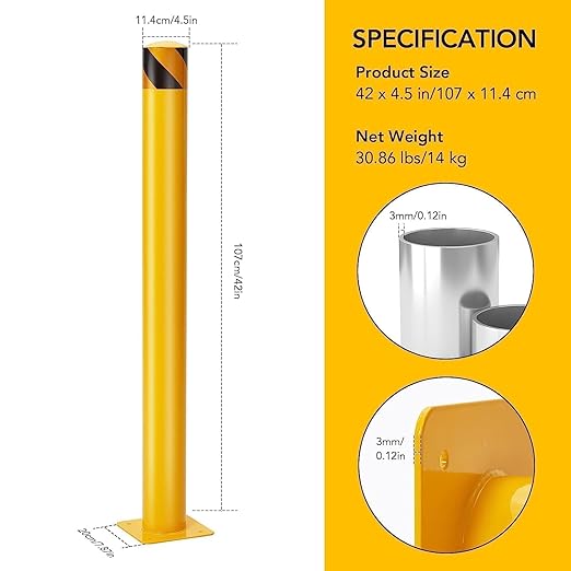 4 Pcs Safety Bollard,42 Inch High Heavy-Duty Yellow Safety Bollard Steel Posts,4.5 Inch Diameter,Safety Bollard with 16 Anchor Bolts - Ideal for Traffic Control, Driveway Barriers,Parking Poles